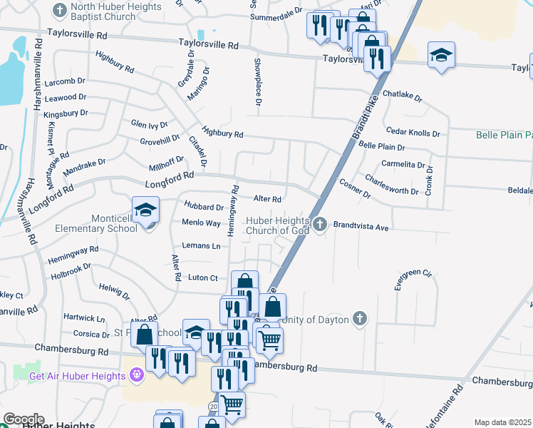 map of restaurants, bars, coffee shops, grocery stores, and more near 6724 Barbara Drive in Dayton