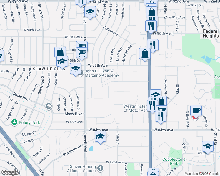 map of restaurants, bars, coffee shops, grocery stores, and more near 8701 Irving Street in Westminster