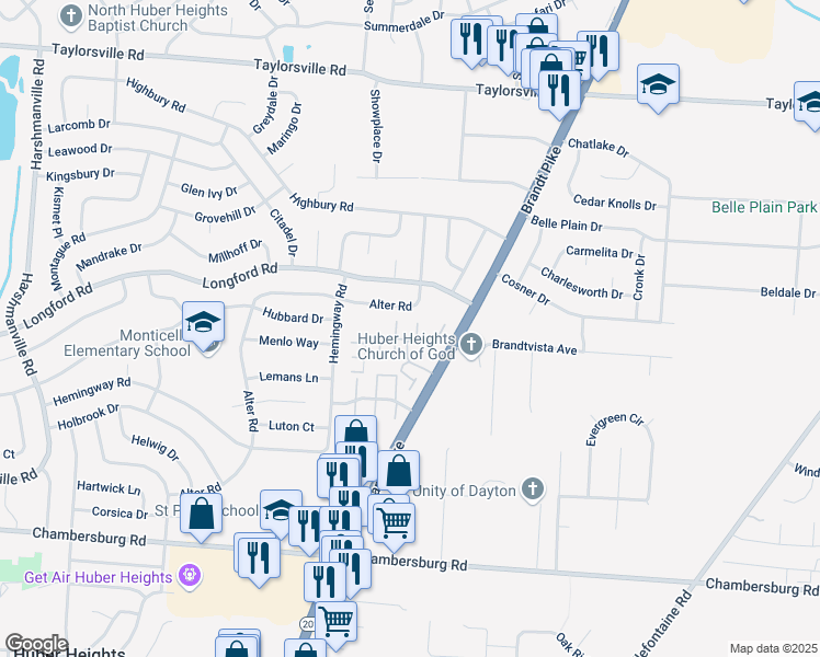 map of restaurants, bars, coffee shops, grocery stores, and more near 6746 Barbara Drive in Dayton