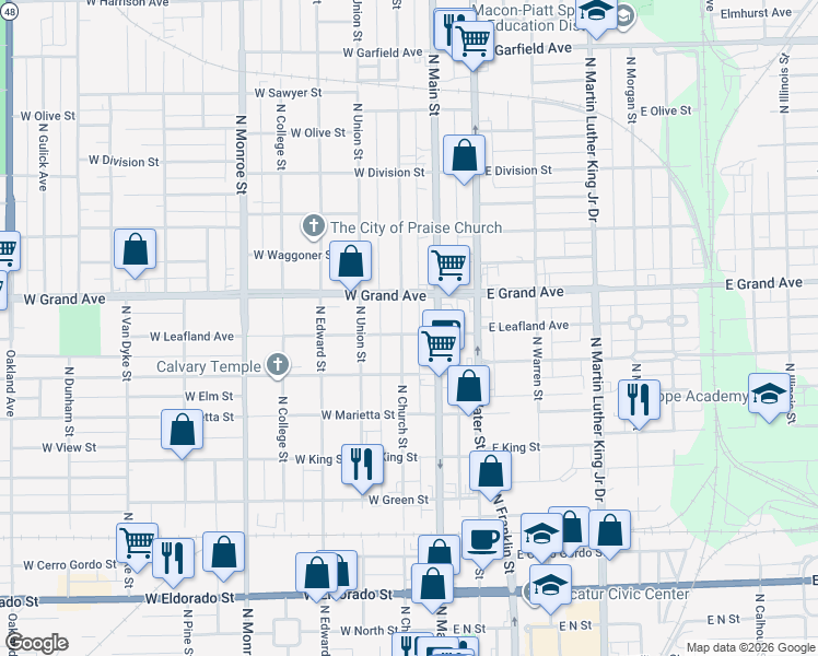 map of restaurants, bars, coffee shops, grocery stores, and more near 1100-1198 N Church St in Decatur