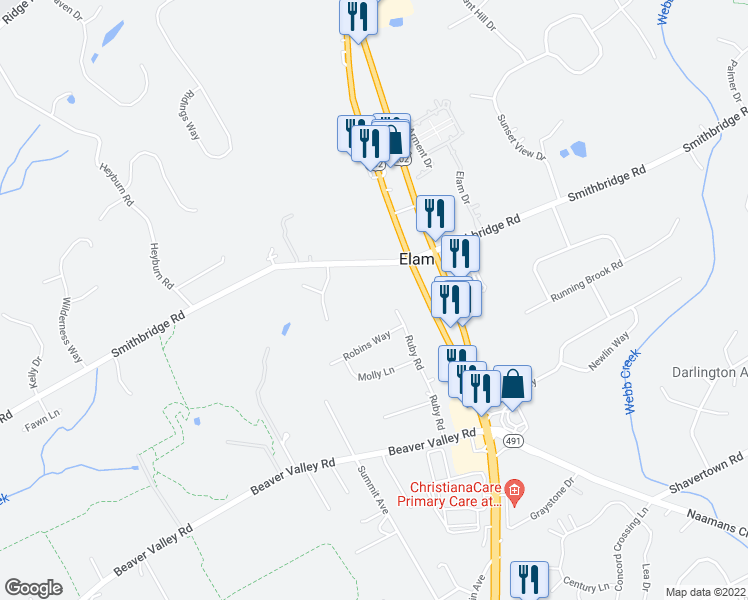 map of restaurants, bars, coffee shops, grocery stores, and more near 1162 Smithbridge Road in Chadds Ford