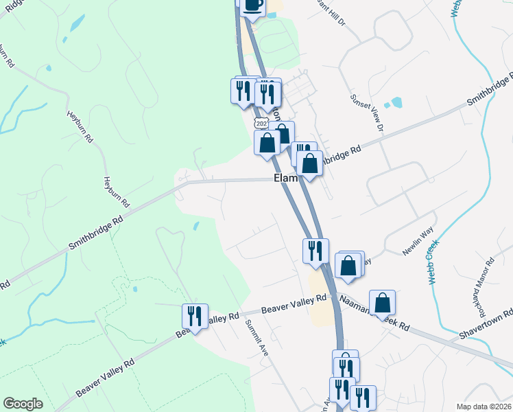 map of restaurants, bars, coffee shops, grocery stores, and more near 1162 Smithbridge Road in Chadds Ford