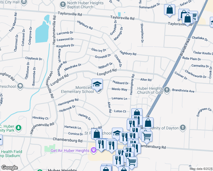 map of restaurants, bars, coffee shops, grocery stores, and more near 6601 Alter Road in Dayton
