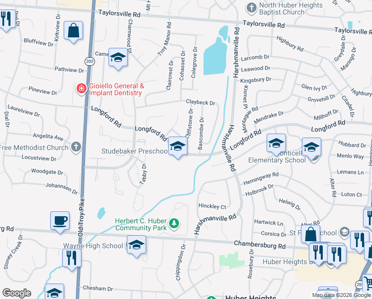 map of restaurants, bars, coffee shops, grocery stores, and more near 5950 Longford Road in Dayton