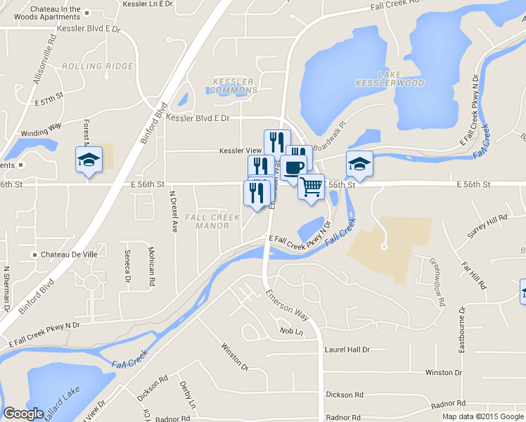 map of restaurants, bars, coffee shops, grocery stores, and more near 5599 Millersville Road in Indianapolis
