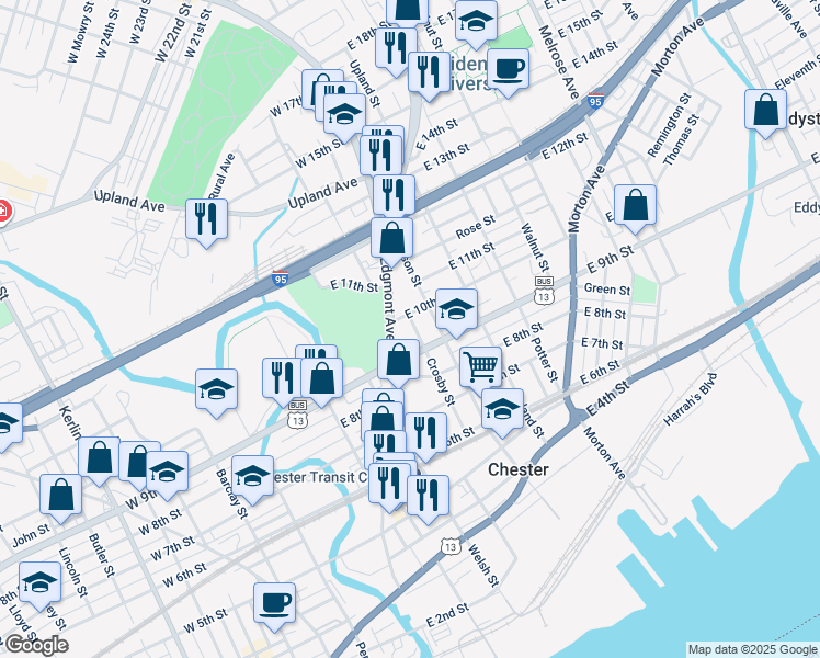 map of restaurants, bars, coffee shops, grocery stores, and more near 927D Avenue of the States in Chester