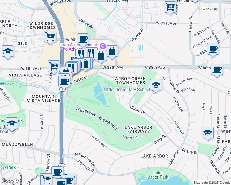 map of restaurants, bars, coffee shops, grocery stores, and more near 6962 West 87th Way in Arvada
