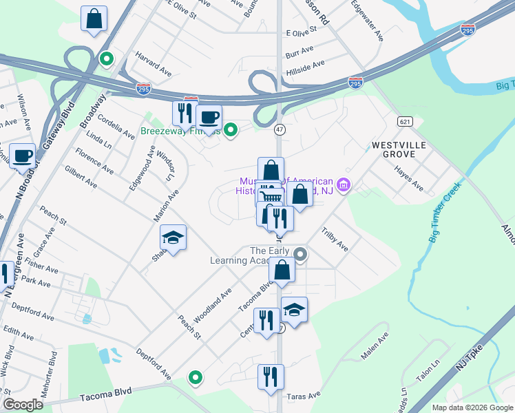 map of restaurants, bars, coffee shops, grocery stores, and more near Chestnut Ln in Deptford Township