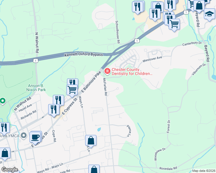 map of restaurants, bars, coffee shops, grocery stores, and more near 410 McFarlan Road in Kennett Square
