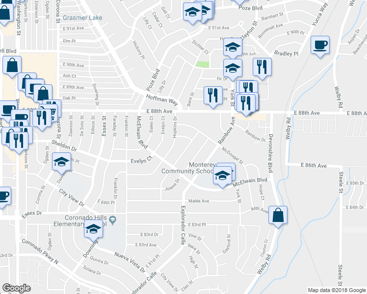 map of restaurants, bars, coffee shops, grocery stores, and more near 8660 Hopkins Drive in Denver