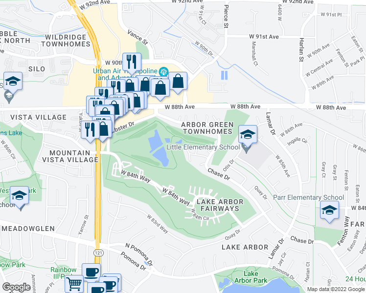 map of restaurants, bars, coffee shops, grocery stores, and more near 6962 West 87th Way in Arvada