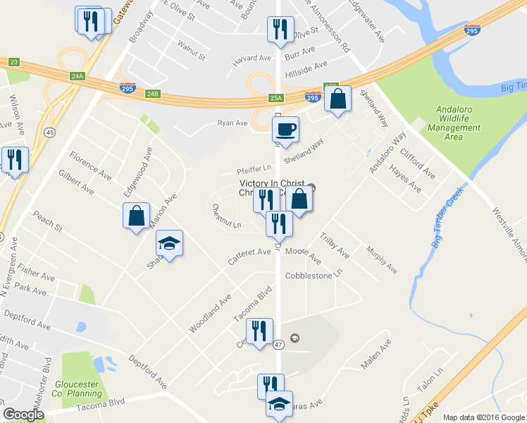 map of restaurants, bars, coffee shops, grocery stores, and more near 1205 Chestnut Lane in Deptford Township