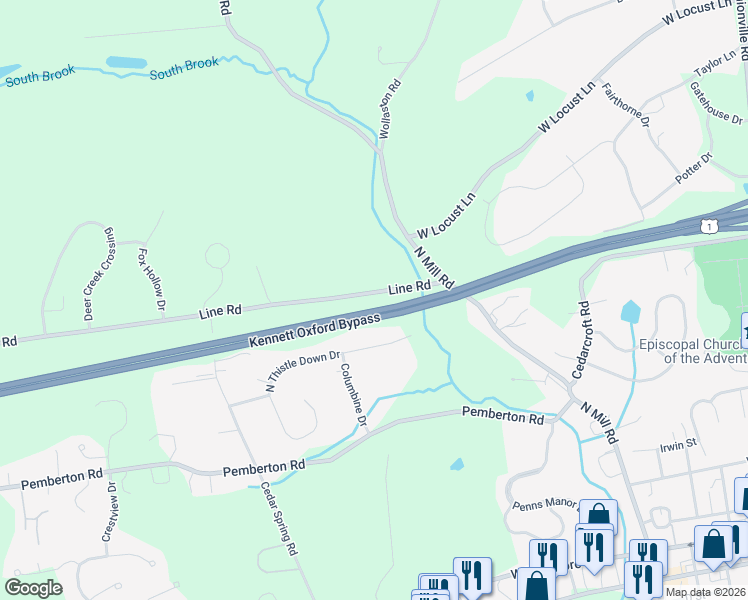 map of restaurants, bars, coffee shops, grocery stores, and more near 204 Line Road in Kennett Square