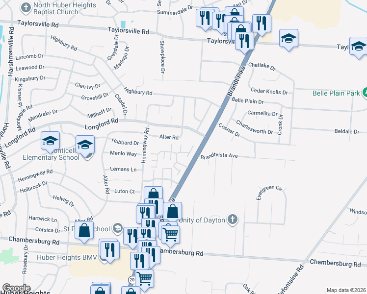 map of restaurants, bars, coffee shops, grocery stores, and more near 6746 Barbara Drive in Dayton