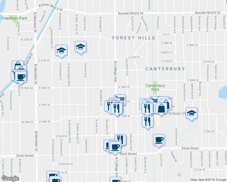 map of restaurants, bars, coffee shops, grocery stores, and more near 5532 North College Avenue in Indianapolis