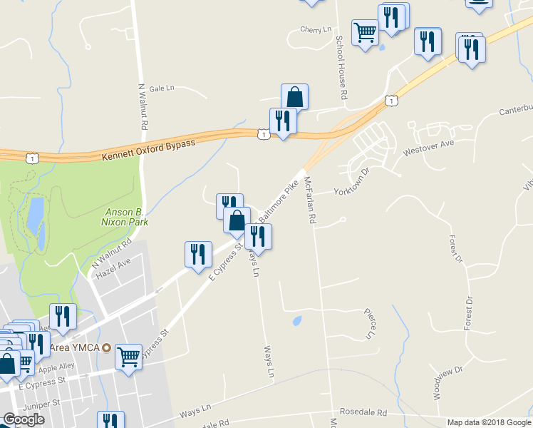 map of restaurants, bars, coffee shops, grocery stores, and more near 100 Exelon Way in Kennett Square