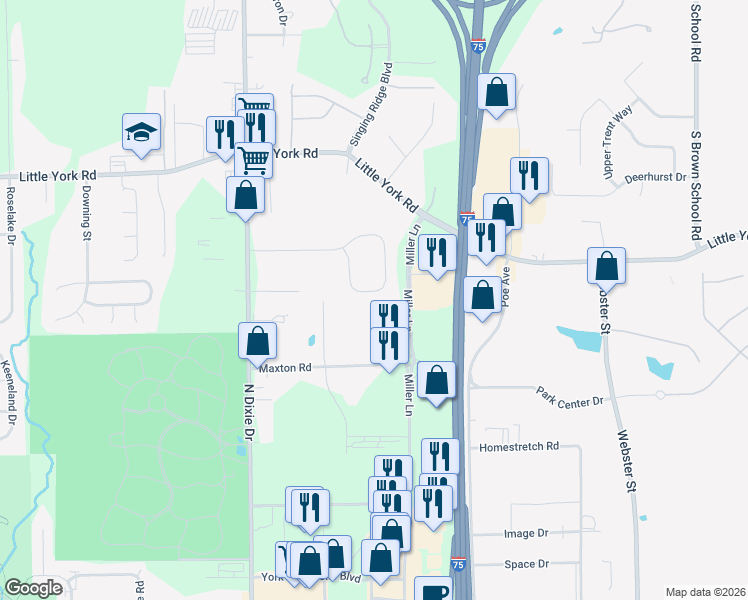 map of restaurants, bars, coffee shops, grocery stores, and more near 3967 Reinwood Drive in Dayton