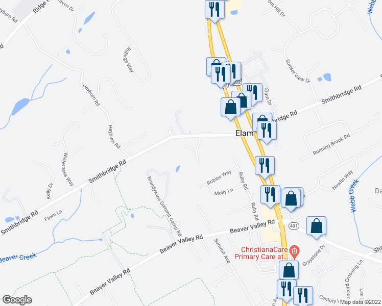 map of restaurants, bars, coffee shops, grocery stores, and more near 2 Kaolin Place in Chadds Ford