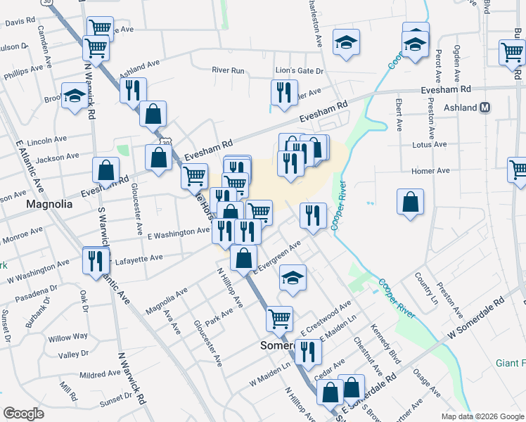 map of restaurants, bars, coffee shops, grocery stores, and more near 101 Coopertowne Boulevard in Somerdale