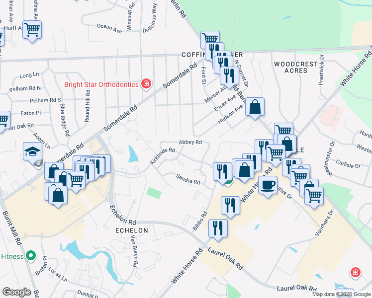 map of restaurants, bars, coffee shops, grocery stores, and more near 205 Winchester Court in Voorhees Township
