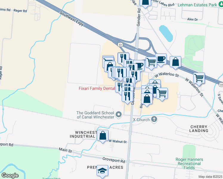 map of restaurants, bars, coffee shops, grocery stores, and more near 6401 Winchester Boulevard in Canal Winchester