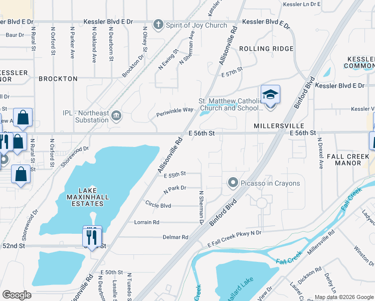 map of restaurants, bars, coffee shops, grocery stores, and more near 5535 Allisonville Road in Indianapolis