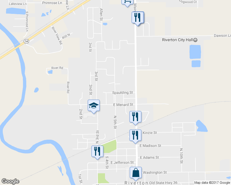 map of restaurants, bars, coffee shops, grocery stores, and more near 1000 North 5th Street in Riverton