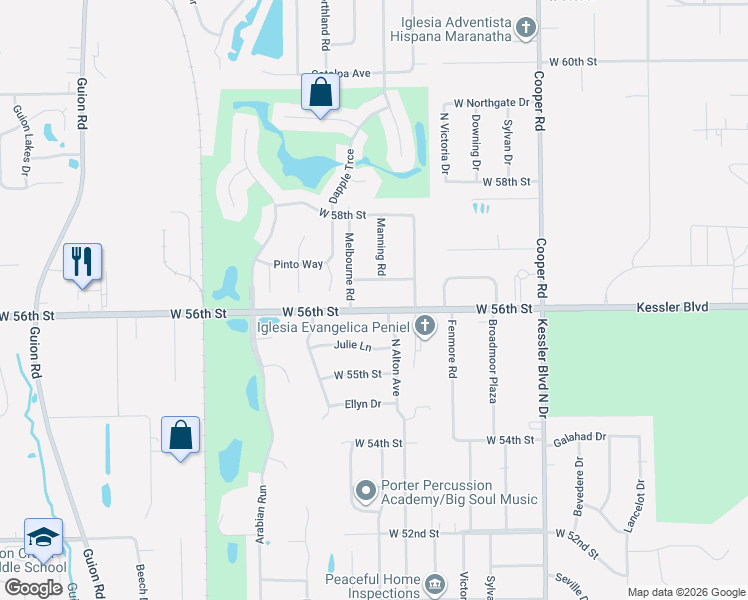 map of restaurants, bars, coffee shops, grocery stores, and more near 5563 Alameda Road in Indianapolis