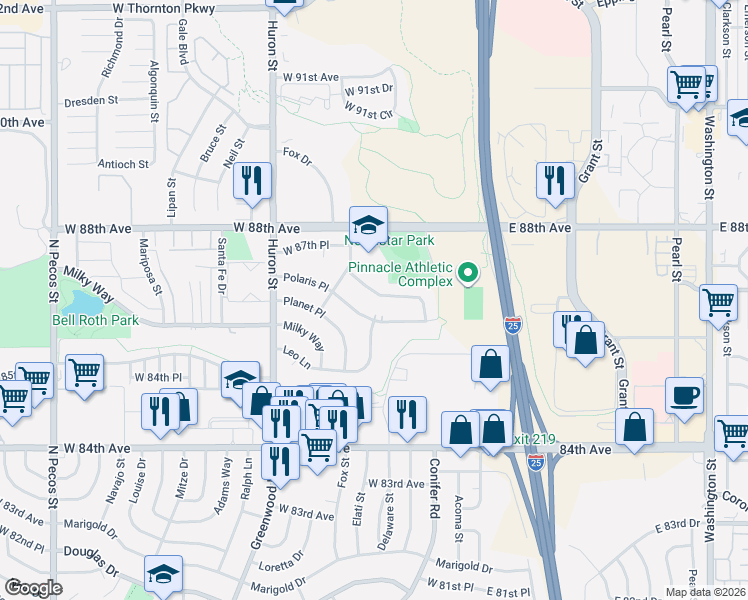map of restaurants, bars, coffee shops, grocery stores, and more near 427 Polaris Place in Thornton