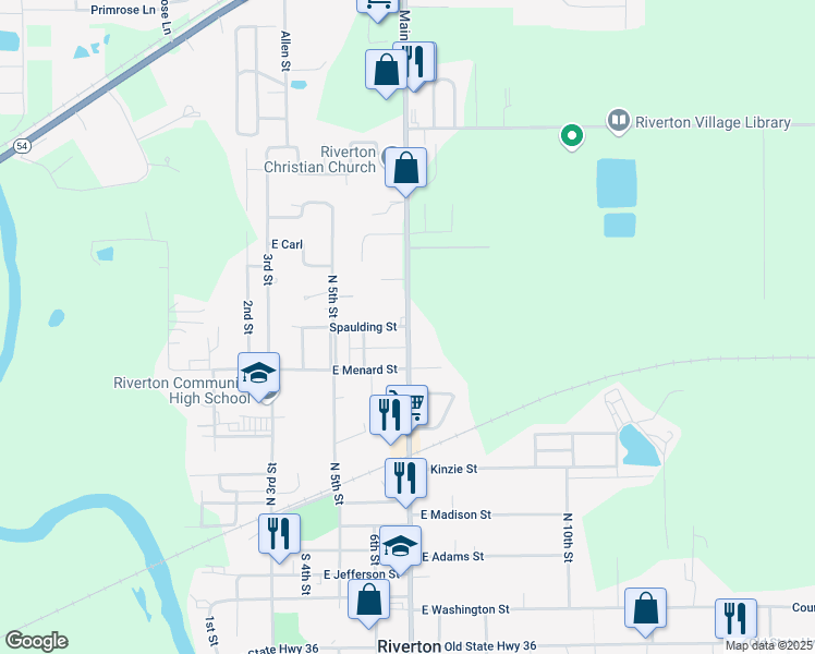 map of restaurants, bars, coffee shops, grocery stores, and more near County Highway 31 in Riverton