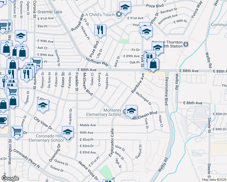 map of restaurants, bars, coffee shops, grocery stores, and more near 8651 Jolene Drive in Denver