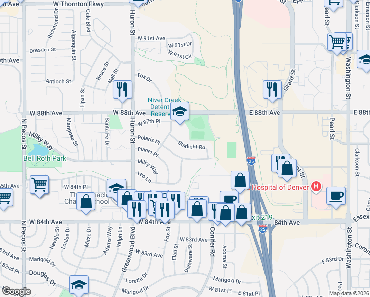 map of restaurants, bars, coffee shops, grocery stores, and more near 427 Polaris Place in Thornton