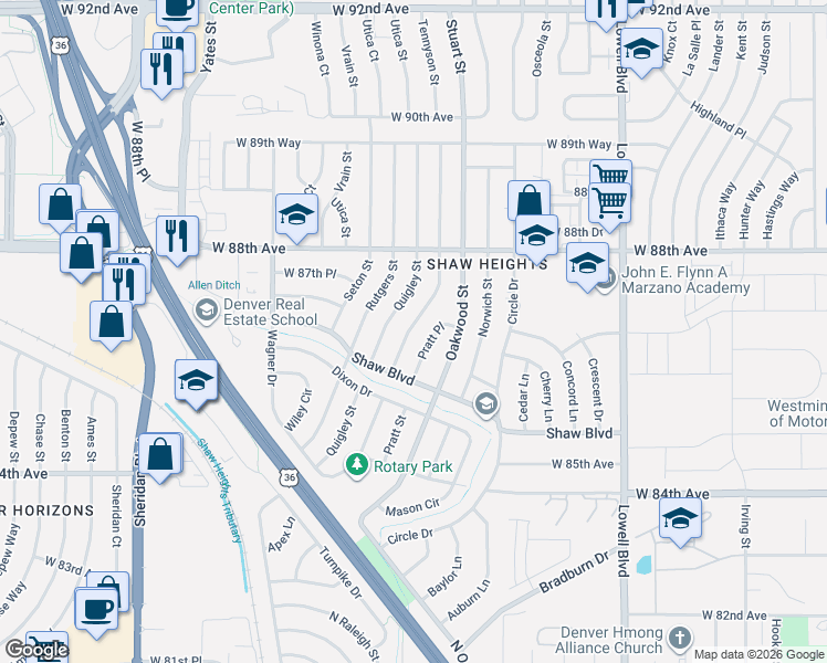 map of restaurants, bars, coffee shops, grocery stores, and more near 8641 Pratt Place in Westminster