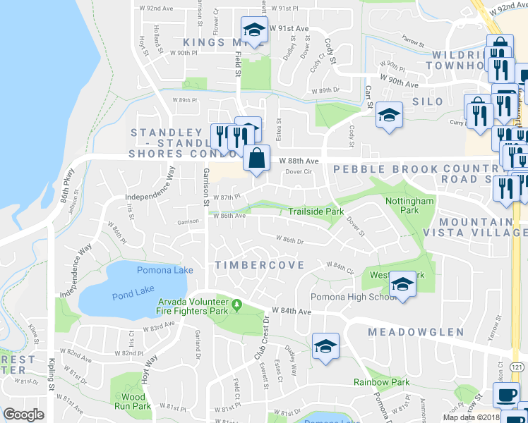 map of restaurants, bars, coffee shops, grocery stores, and more near 8888 West 86th Drive in Westminster