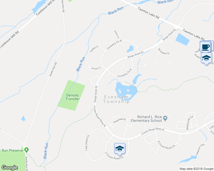 map of restaurants, bars, coffee shops, grocery stores, and more near 16 Waterview Court in Evesham Township