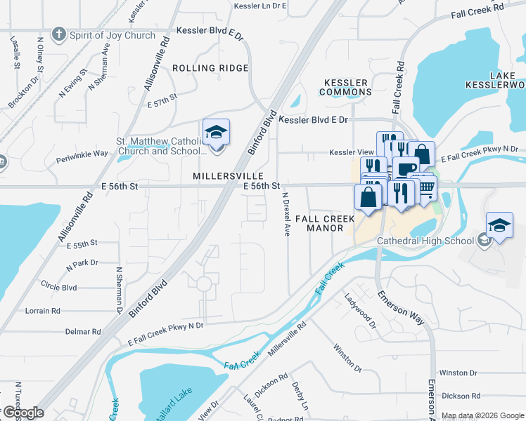 map of restaurants, bars, coffee shops, grocery stores, and more near 5507 Garden Walk Drive in Indianapolis
