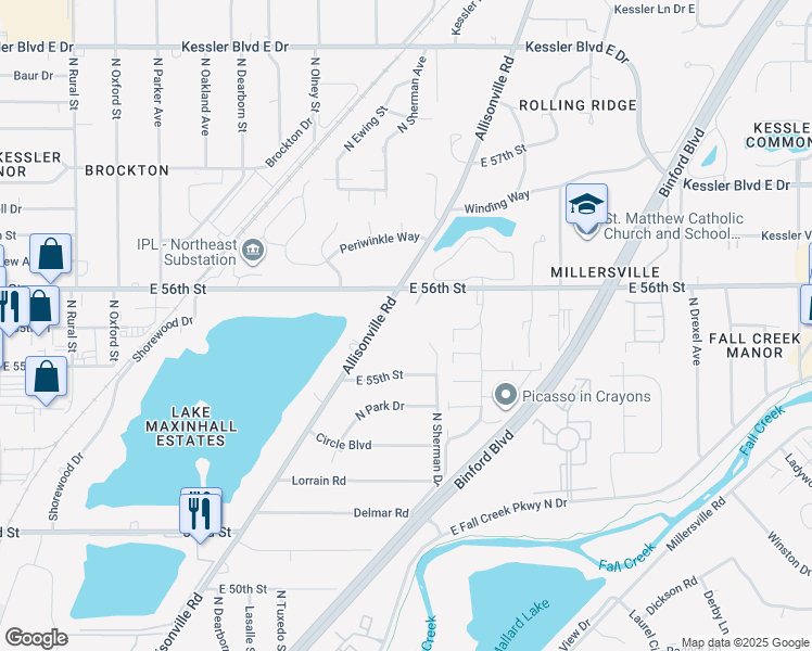 map of restaurants, bars, coffee shops, grocery stores, and more near 5535 Allisonville Road in Indianapolis