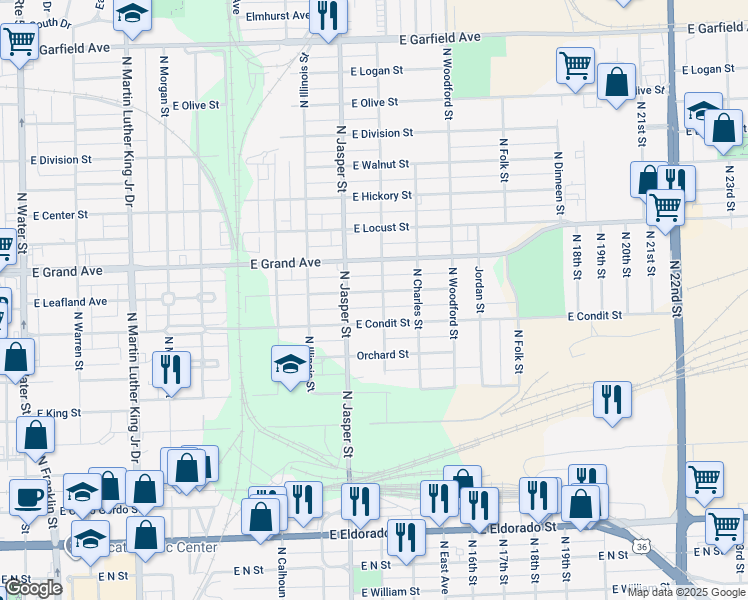 map of restaurants, bars, coffee shops, grocery stores, and more near 1101-1199 North Lowber Street in Decatur