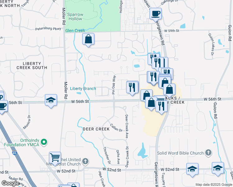 map of restaurants, bars, coffee shops, grocery stores, and more near 4967 Peony Place in Indianapolis