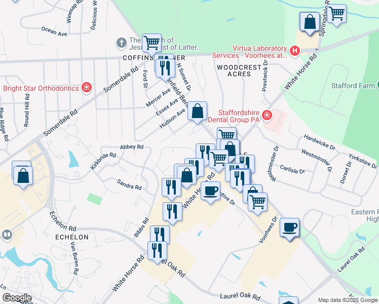 map of restaurants, bars, coffee shops, grocery stores, and more near 66 Franklin Drive in Voorhees Township