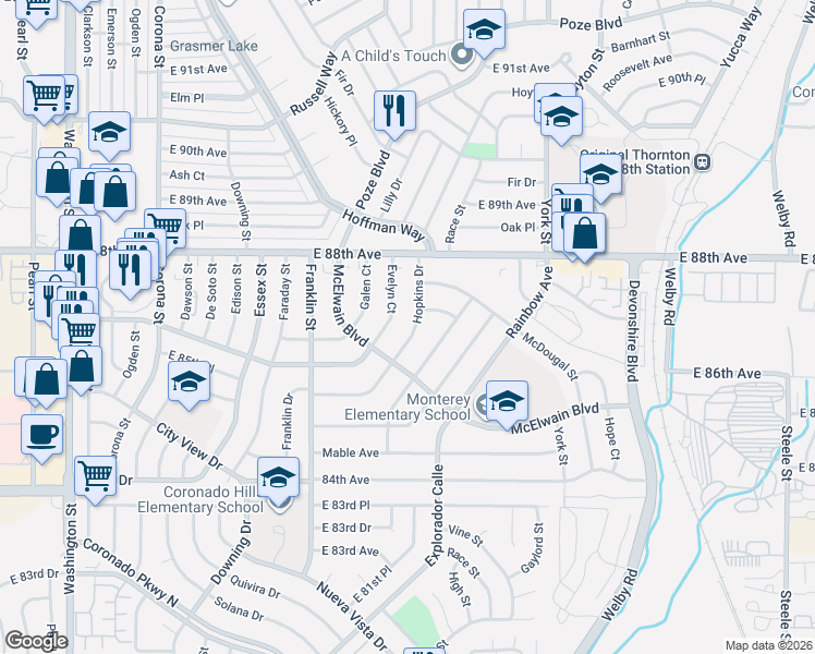 map of restaurants, bars, coffee shops, grocery stores, and more near 8660 Hopkins Drive in Denver