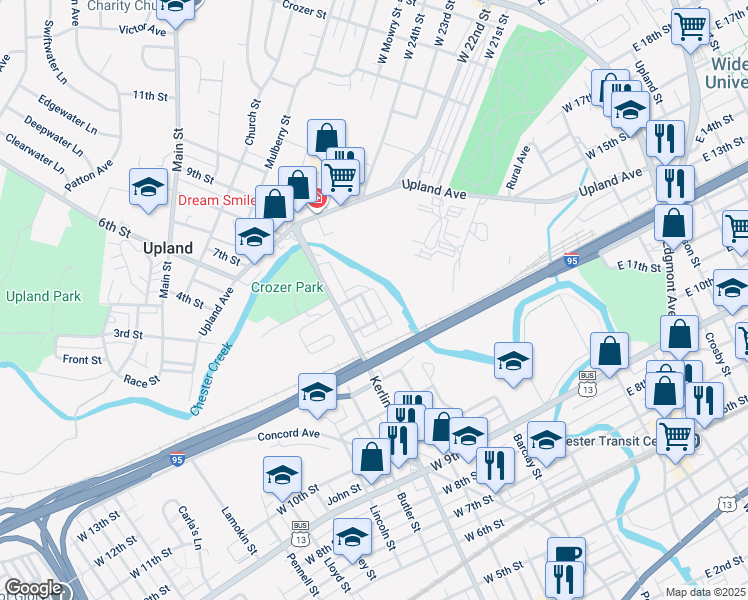 map of restaurants, bars, coffee shops, grocery stores, and more near 1319 Parker Street in Chester