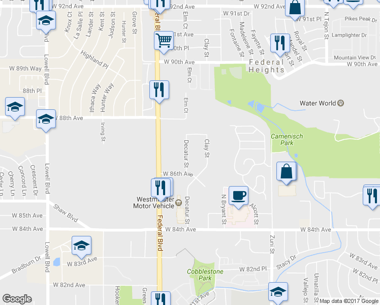 map of restaurants, bars, coffee shops, grocery stores, and more near 8654 Decatur Street in Westminster