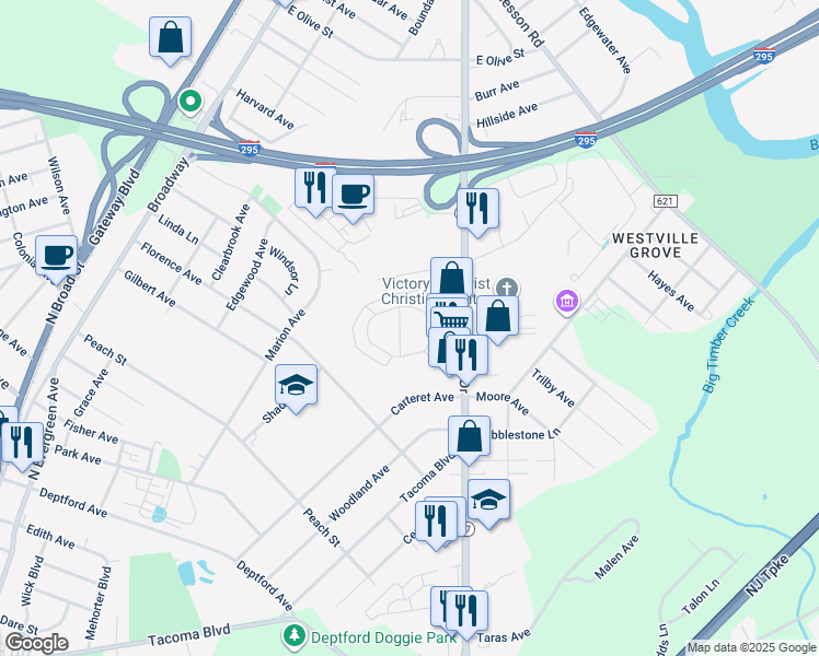 map of restaurants, bars, coffee shops, grocery stores, and more near 1605 Chestnut Lane in Westville