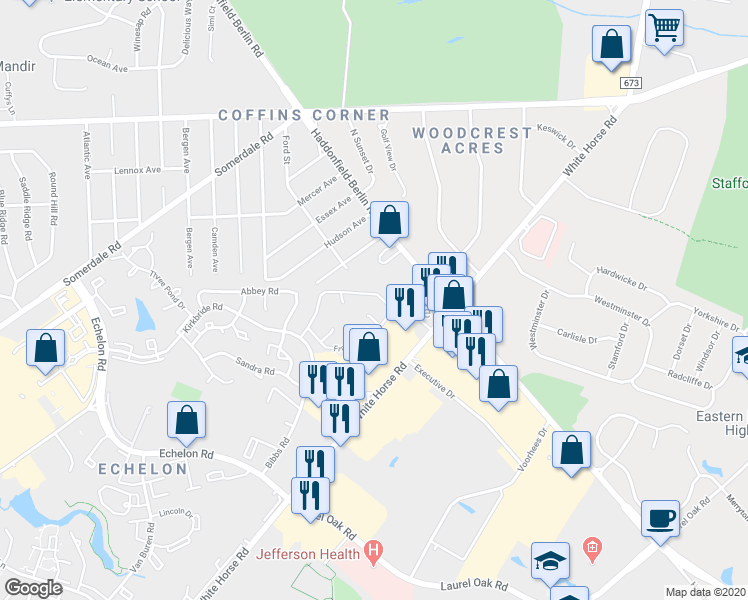 map of restaurants, bars, coffee shops, grocery stores, and more near 66 Franklin Drive in Voorhees Township