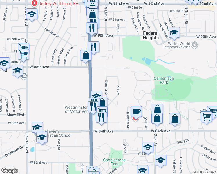 map of restaurants, bars, coffee shops, grocery stores, and more near 8666 Decatur Street in Westminster