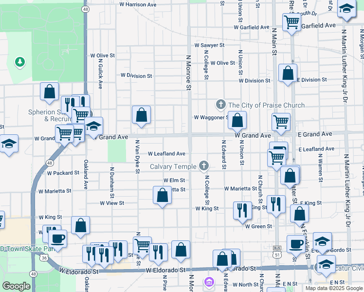 map of restaurants, bars, coffee shops, grocery stores, and more near 701 West Grand Avenue in Decatur