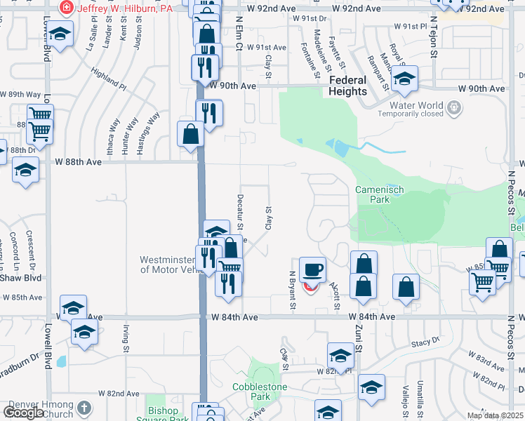 map of restaurants, bars, coffee shops, grocery stores, and more near 8645 Clay Street in Westminster