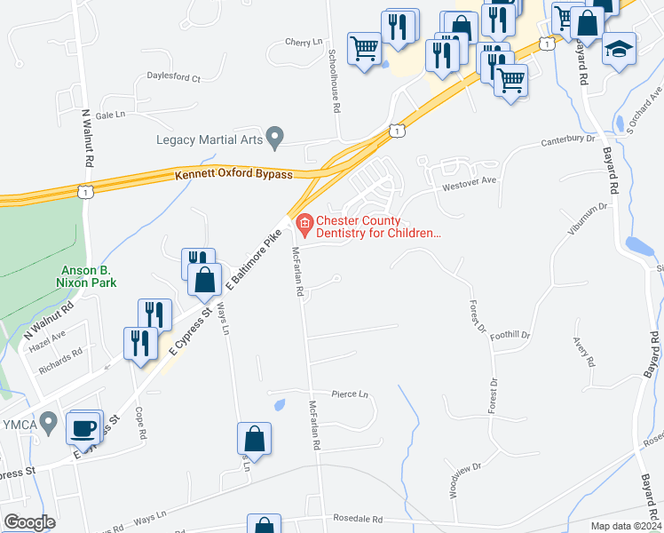 map of restaurants, bars, coffee shops, grocery stores, and more near 105 Keswick Court in Kennett Square