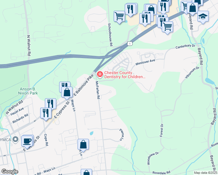 map of restaurants, bars, coffee shops, grocery stores, and more near 105 Keswick Court in Kennett Square